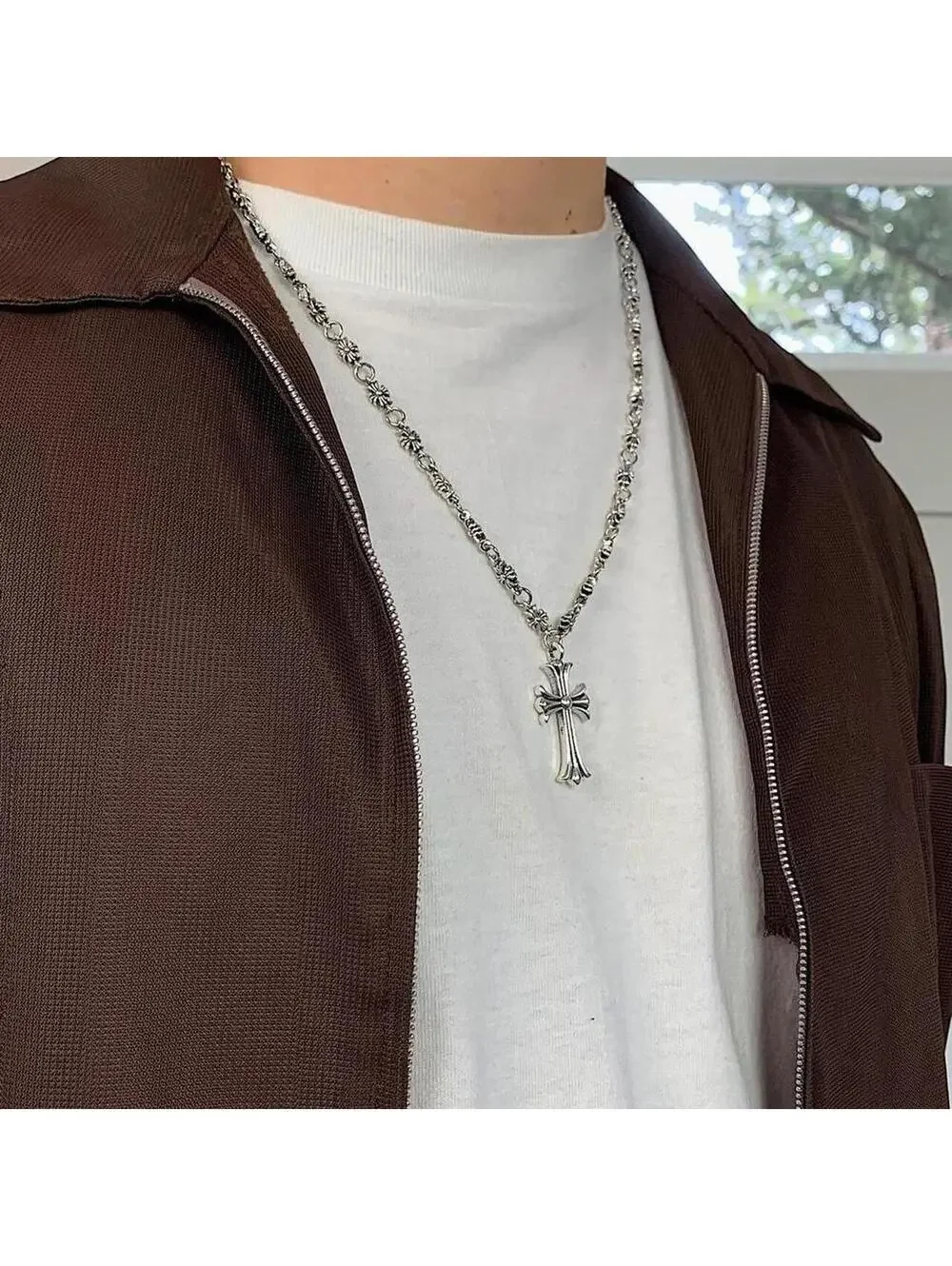 Grunge Cyber y2k silver cross long necklace chain. 24 inches length. Unisex